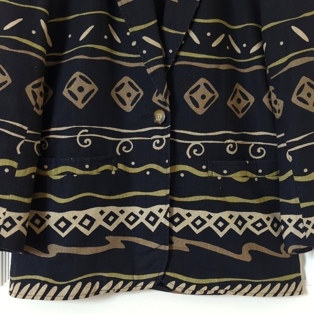 Rafaella 80's Vintage Funky Printed Linen Blend Boxy Blazer Jacket Black Tan 8 - Picture 5 of 12